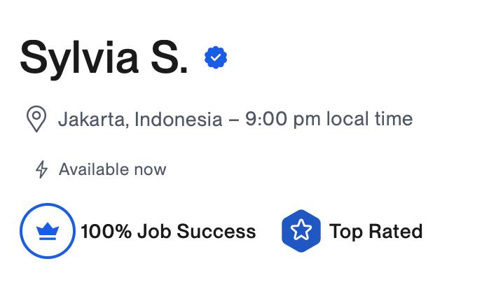Sylvia's verified Upwork profile: 100% Job Success and Top Rated